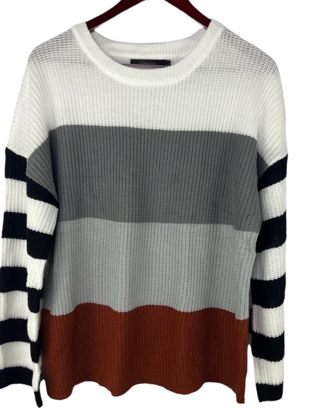 Striped Knit Crewneck Sweater - White/Gray/Black/Rust
